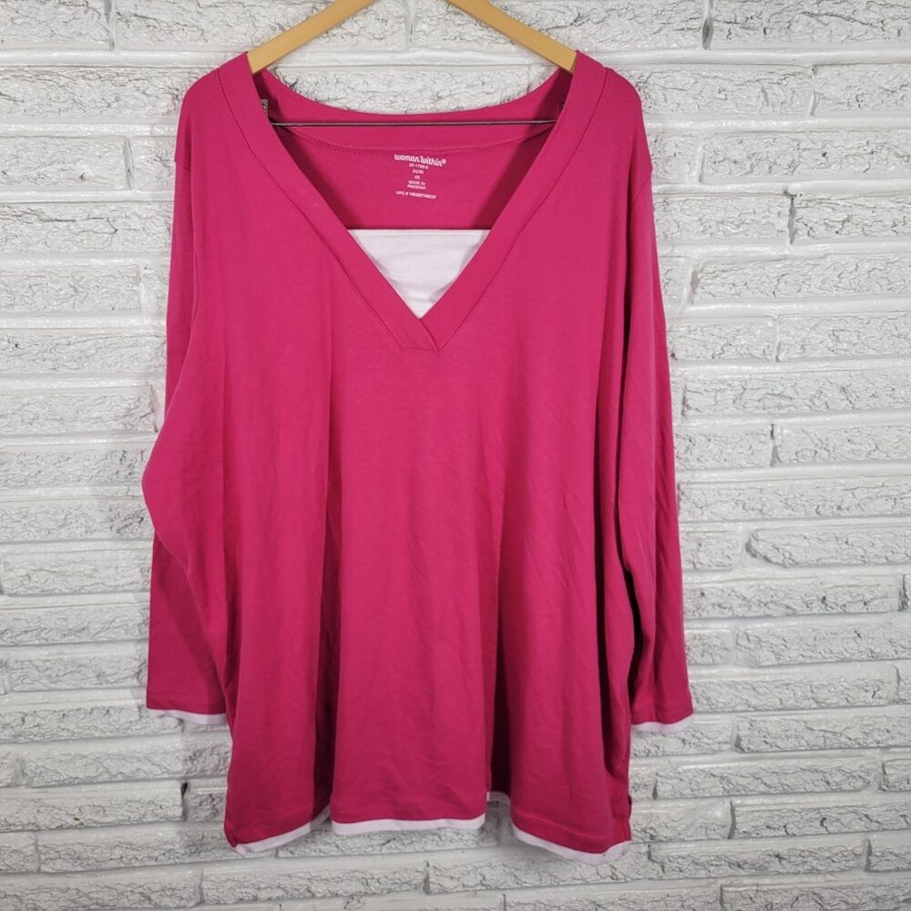 Woman Within Pink Square Neck Tunic 4X Plus Womens Long Sleeve Cotton Top PIN28E